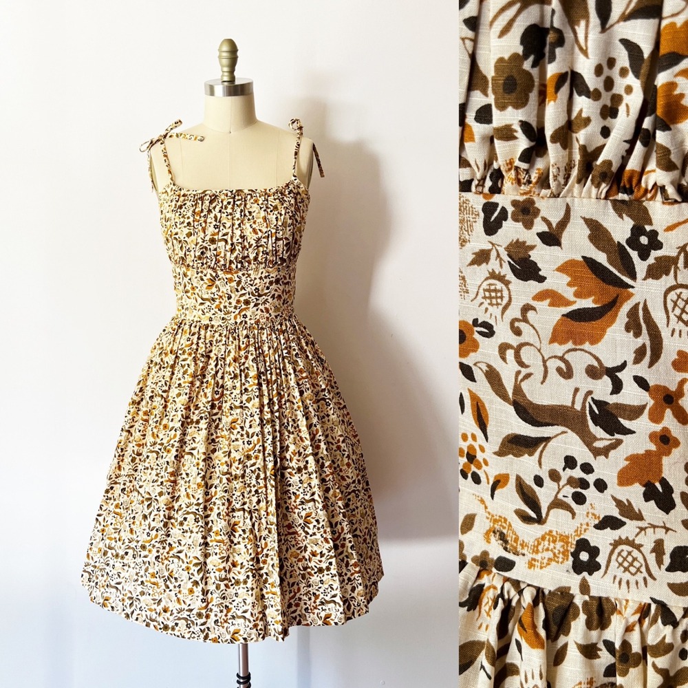 RARE Hearts and Found Grace Dress Brown Fox Floral Print Tie Strap Pockets M